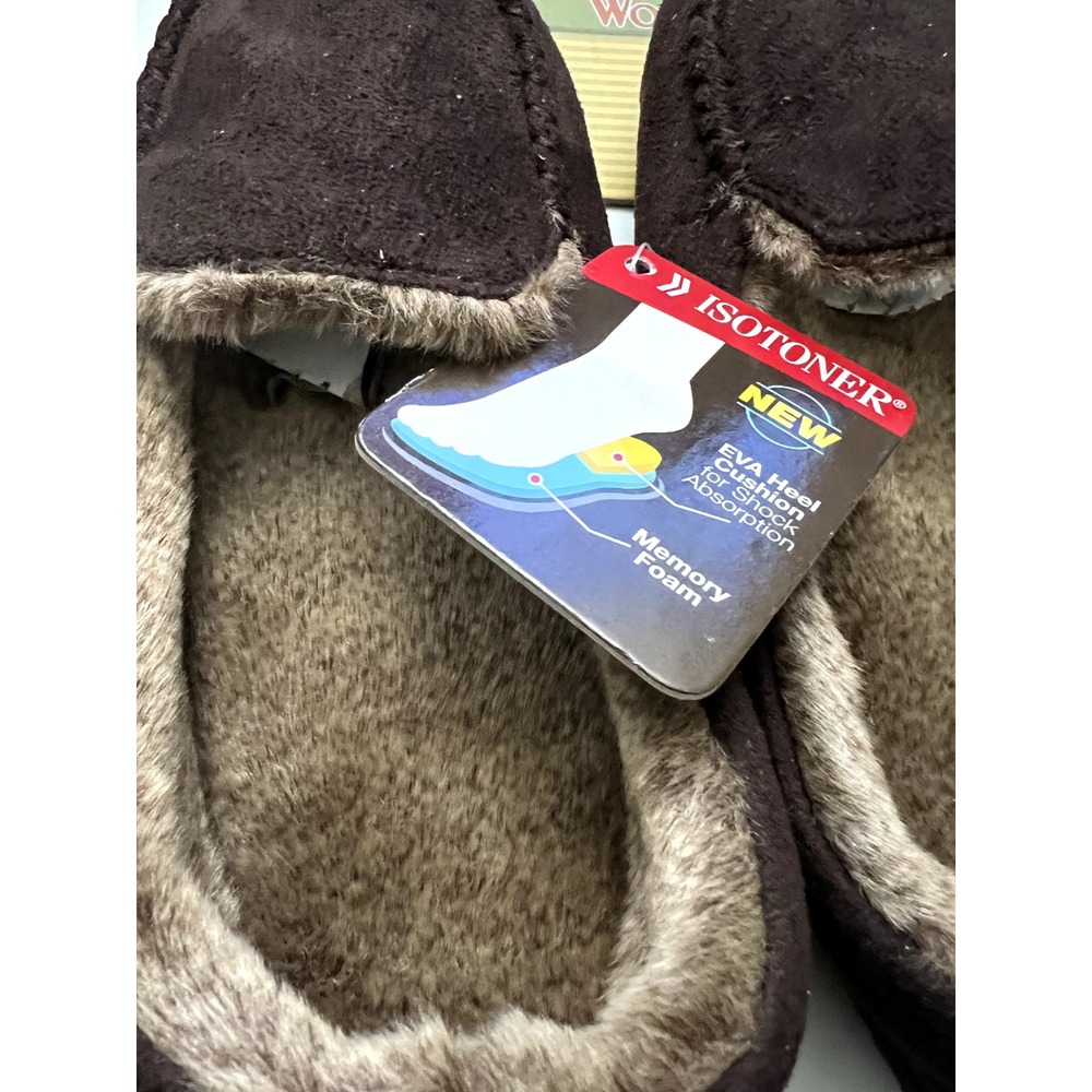 Woodlands Isotoner Buckskin Slippers Sm 5-6 Dk. Chocolate EVA Heel Cushion NEW - Picture 2 of 6